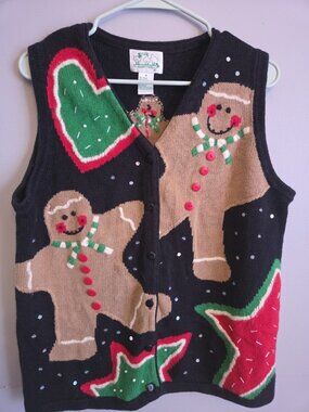 Quacker Factory Sweater Vest M  Vintage Button Up Christmas Gingerbread Cookies
